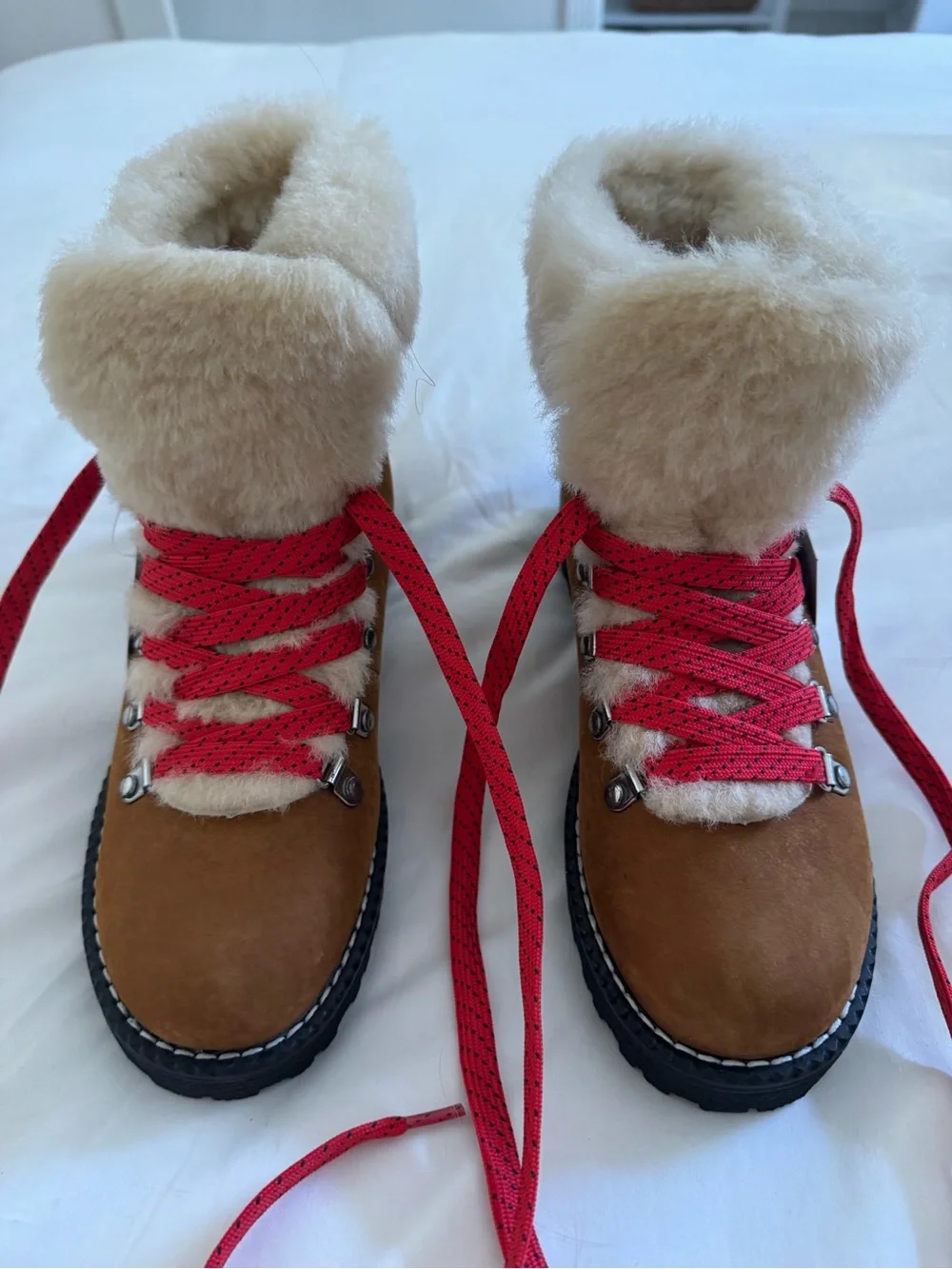 J. Crew Nordic Shearling Boots Tan with Red Laces